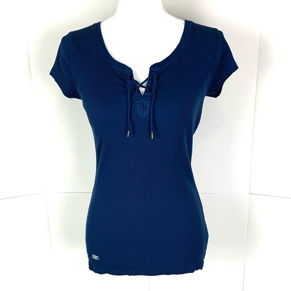 Y2K Lauren Ralph Lauren Women S Rib Knit Cap Sleeve Henley Lace Up Blue Slim Fit